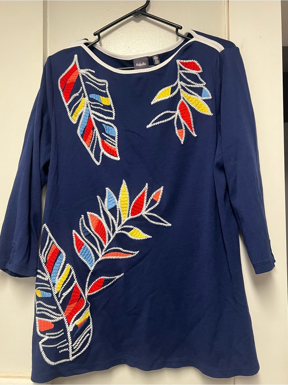 Rafaella Navy Tunic with Multicolor Embroidered Leaf Motif